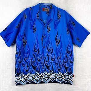 VTG Pineapple Connection Hawaiian Shirt Mens L Blue Black Flames Tribal Beach